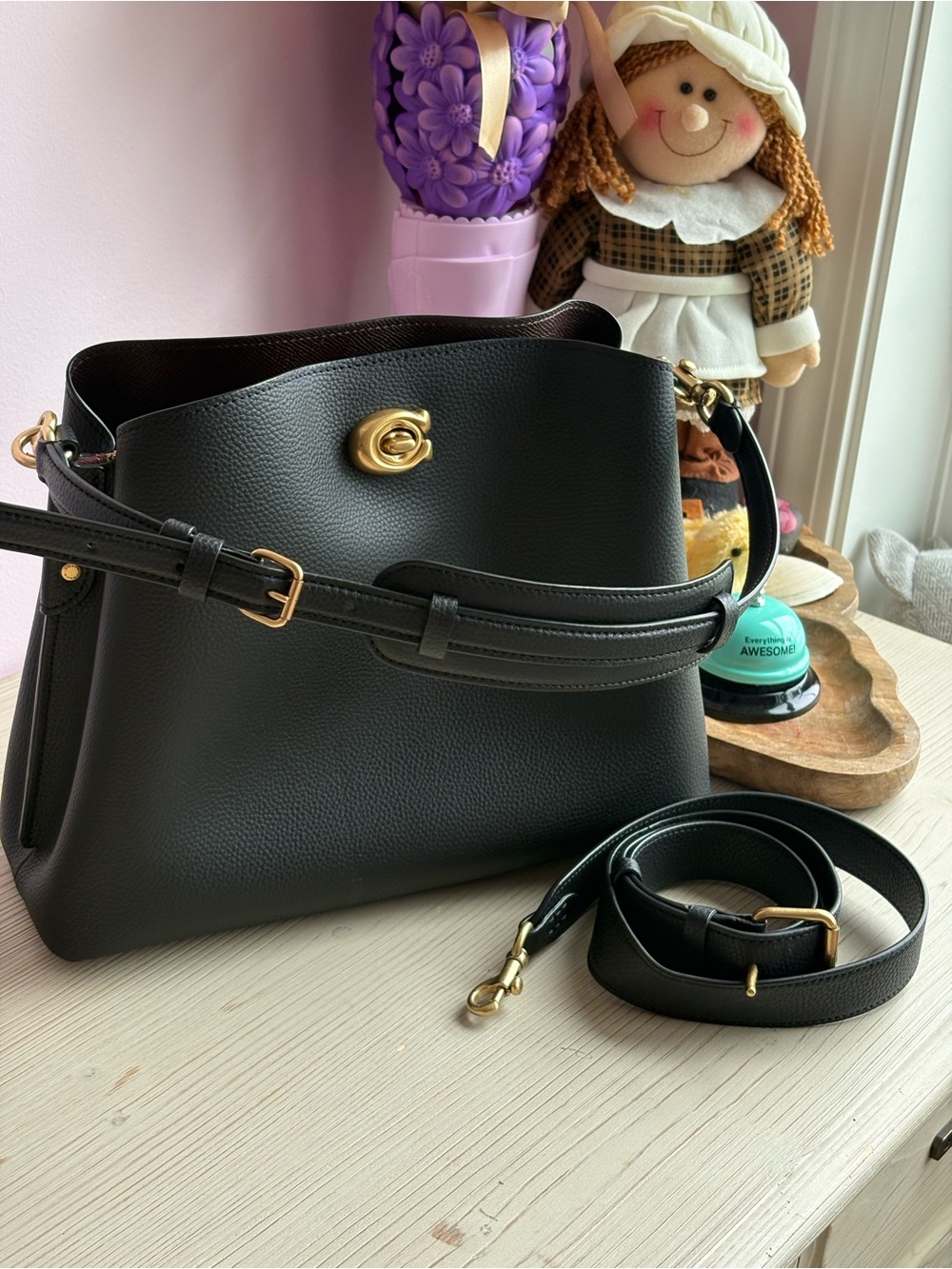 Coach Black Leather Shoulder Bag with Gold-Tone Hardware